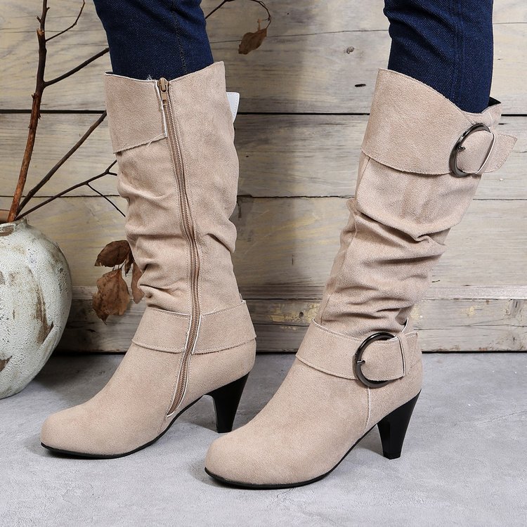 European and American autumn and winter boots new European and American knee boots suede high heel foreign trade 40-43 size belt buckle short boots