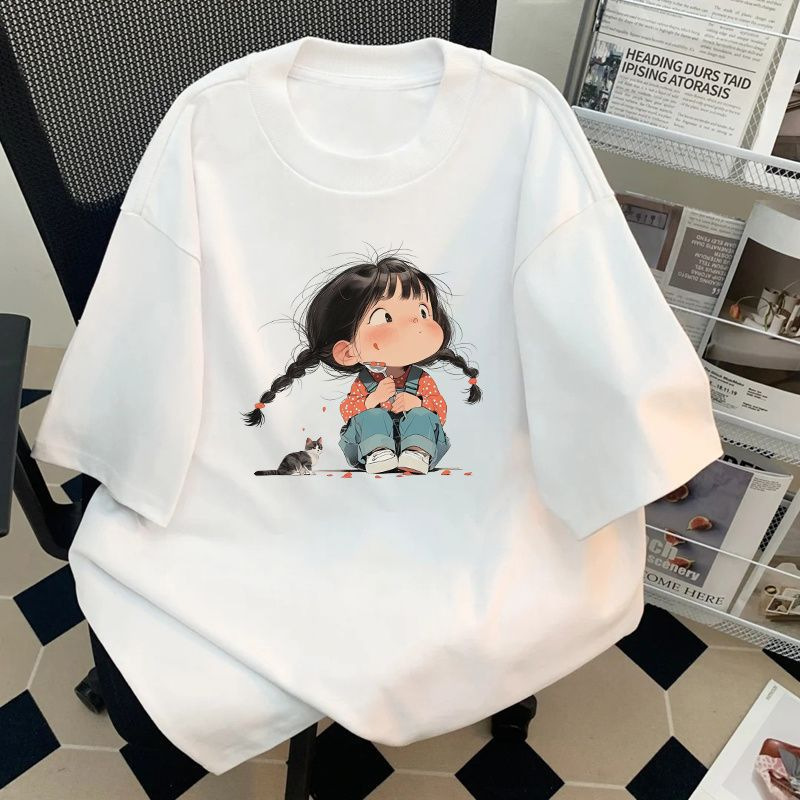 Fashionable Short-Sleeved Pure Cotton T-Shirt Women's Summer New Printed Loose Large Size Cute Age-Reducing Tops Cross-Border Dropshipping