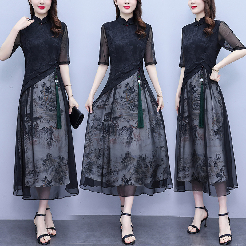 Real shot plus size women's clothing modified summer chiffon retro modified cheongsam can be worn at ordinary times fashion knee long dress Real shot plus size women's clothing modified summer chiffon retro modified cheongsam can be worn at ordinary times fashion knee long dress