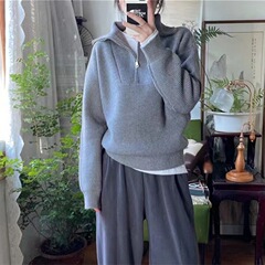 外贸翻领半拉链细条针织衫女2025秋季新款韩系慵懒风套头毛衣女厚