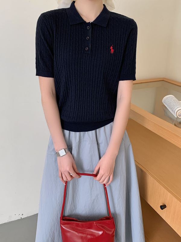 シルクウールPOLO襟半袖ニットtシャツ女性馬標2025年夏の新型痩せ刺繍上着|undefined