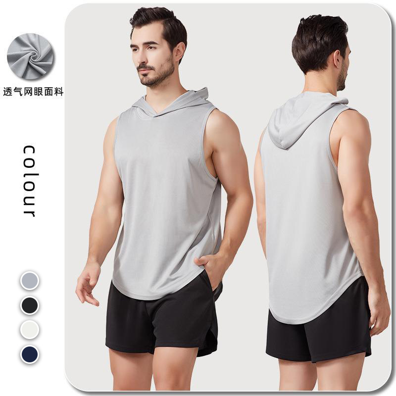 Chaleco de secado rápido de los hombres de verano de estilo europeo y americano de ocio al aire libre deportes correr fitness transpirable deportes chaleco con capucha