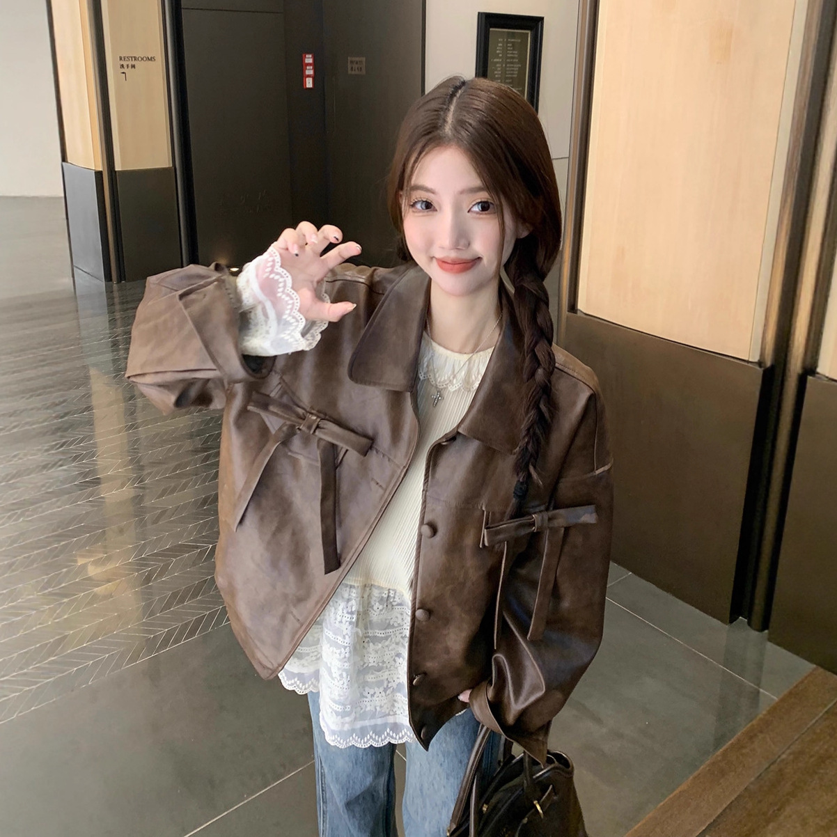 Retro Bow Leather Jacket Women's Autum New American Sexy Casual Loose Pu Leather Jacket Elegant Top