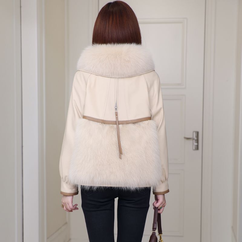 New Haining Genuine Leather down Jacket Women's Short Goatskin Fox Fur Collar Fur All-In-One Warm Jacket Winter
