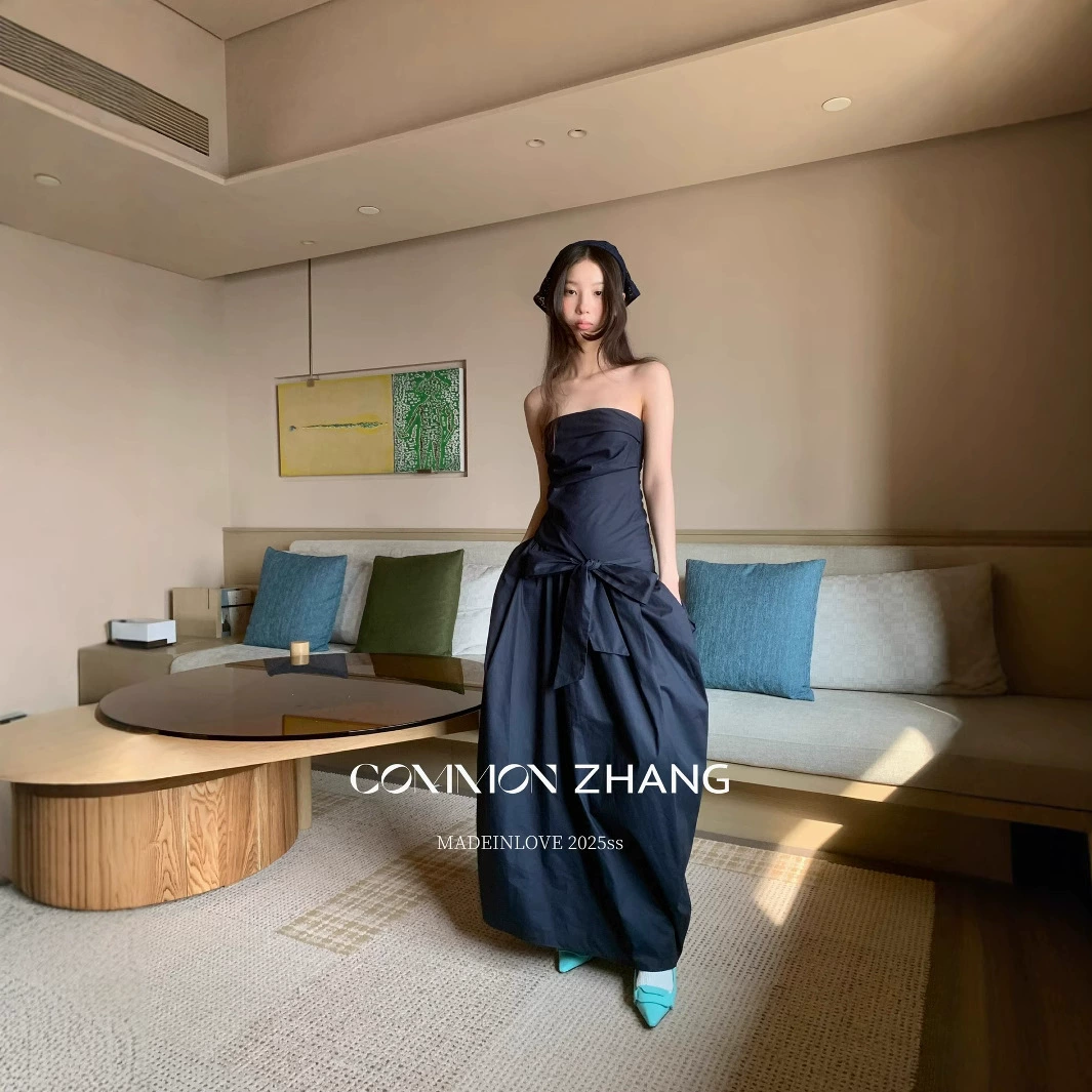 Осеннее платье CZ ZHANG с завышенной талией, на завязках, с бантом, однотонное, А-силуэт, без бретелек, для банкета, B16292