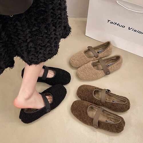 French new-style fuzzy shoes for women, summer outerwear, new warm flat sole women's single shoes with new design