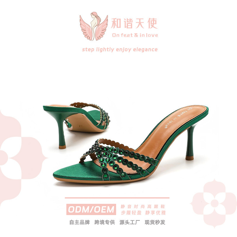 7.5CM Green Rhinestone Pointed-Toe High-Heel Sandals for Women, Summer Satin Fabric Wine Glass Heel, Light Luxury Outdoor Mules 7.5CM Green Rhinestone Pointed-Toe High-Heel Sandals for Women, Summer Satin Fabric Wine Glass Heel, Light Luxury Outdoor Mules