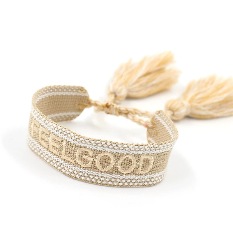 handmade woven bracelet, polyester, embroidered letters with tassels, adjustable (love)