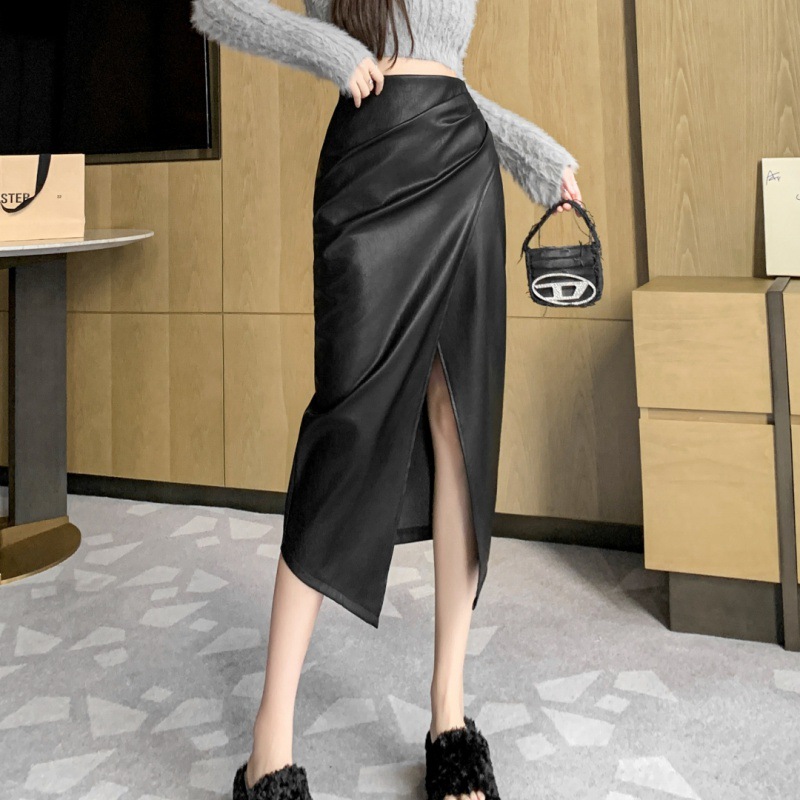 性感名媛PU前开衩一步裙中长款褶皱显瘦半身裙女时尚包臀皮裙