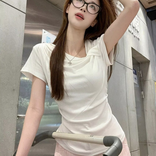 Irregular Knot Short-Sleeve Women's Summer 2025 Fitted Slimming Crepe Top Elegant and Refined