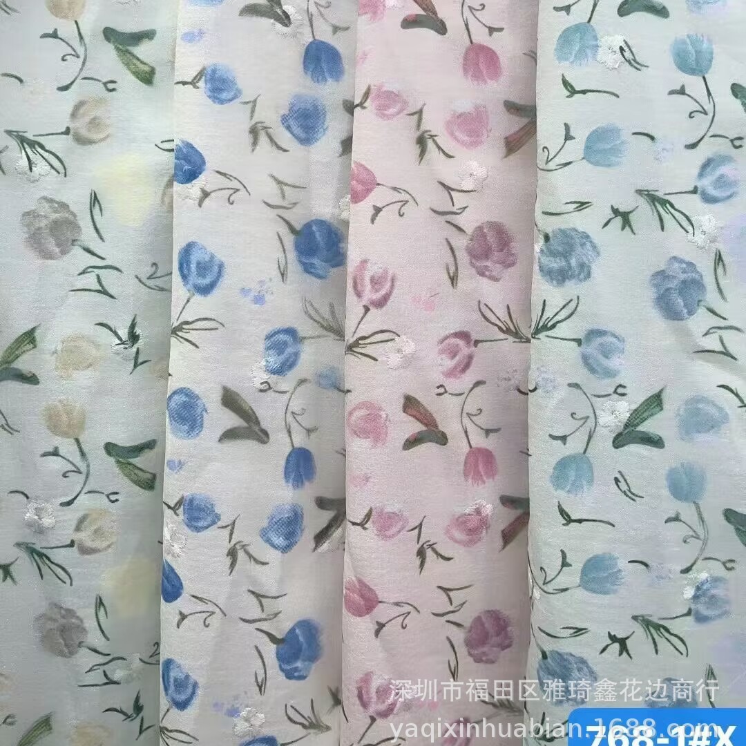 雪纺印花亮片印花面料多色印花面料镂空刺绣面料汉服雪纺布面料