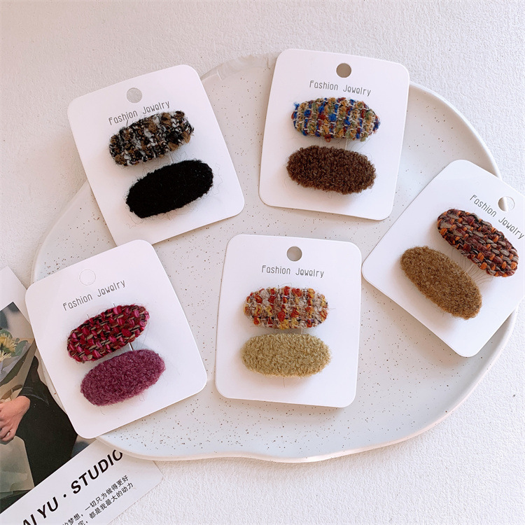 新款秋冬兒童彩色毛線格紋髮夾少女劉海側邊夾子對裝毛呢發卡頭飾