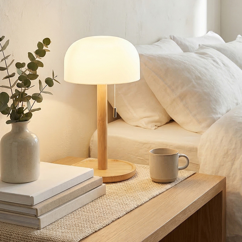 Lámpara de Mesa de Cabecera de Bambú y Madera Recargable USB para Dormitorio