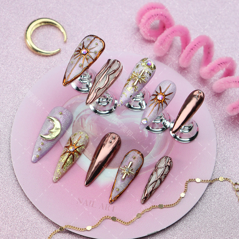 Handmade high-quality light purple sparkling star and moon metallic European and American cross-border wearable nail patches Handmade high-quality light purple sparkling star and moon metallic European and American cross-border wearable nail patches