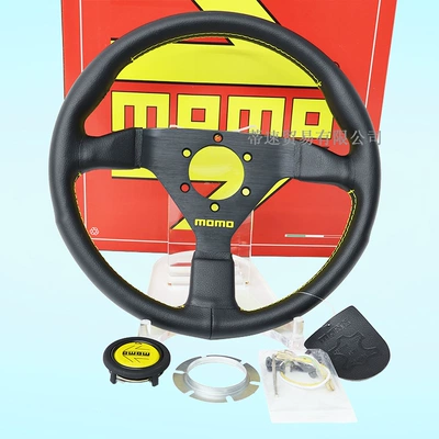 Cross-Border Best-Selling Momo Racing Steering Wheel Modification V2 Genuine Leather 13-Inch 320mm Universal Matte Leather Steering Wheel (Steering wheel) - 13inch-yellow-line-leather-steering-wheel