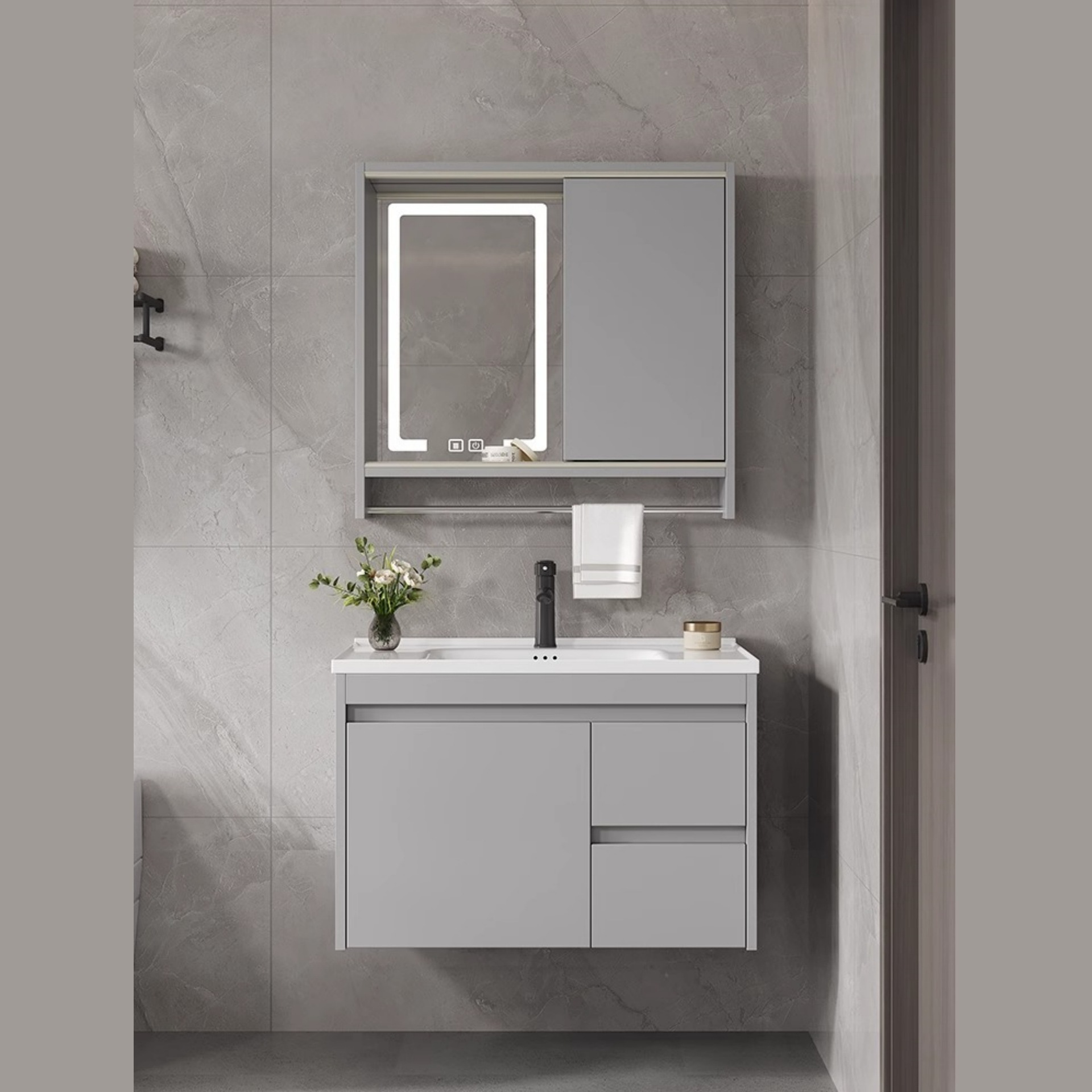 Push-pull oculto feng shui espejo de madera maciza gabinete de baño combinación de cerámica integrado lavabo de baño lavabo