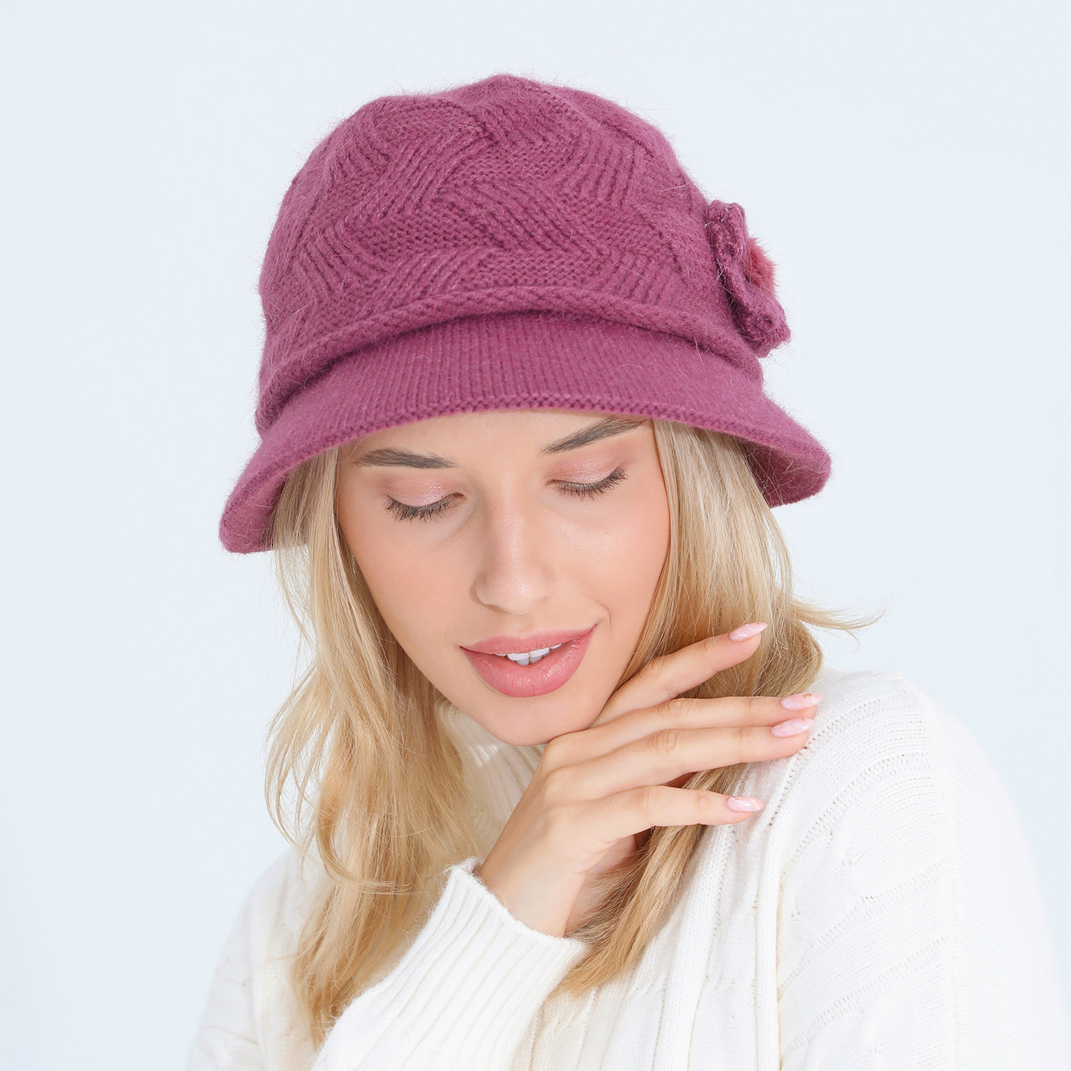 Gestrickte Damen Mütze Mit Kaninchenhaar Warm Für Den Winter_voghion.com