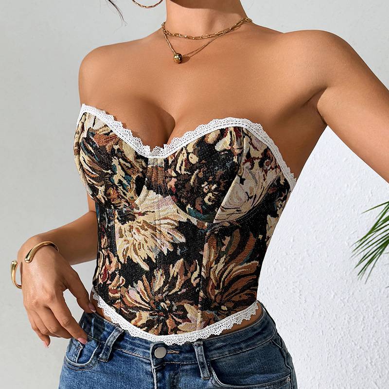 Top corset retro com barbatanas e amarração cruzada mulher_voghion.com