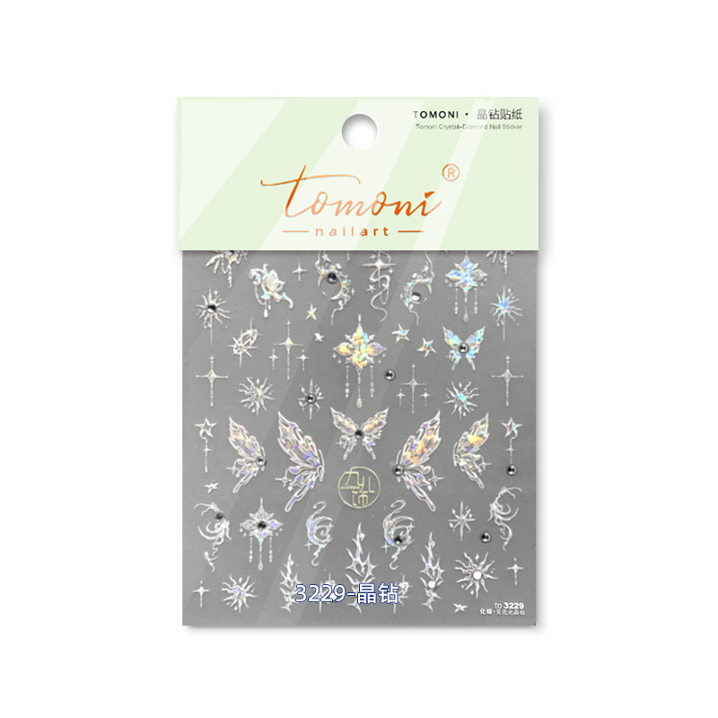 Tomoni pegatinas de manicura de diamantes de cristal, serpentina de moda, mariposa semitransparente, pegatinas para uñas de boda, concha de fábrica, mariposa fotodinámica