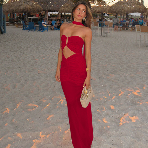 European and American style mesh splicing dress 2025 summer cross-border women's new pleated hollow sexy strapless long skirt