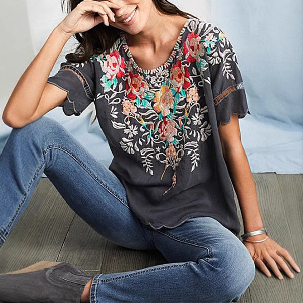 2020 Summer European and American Women's Clothing Amazon Short-Sleeved Embroidered Tops Embroidered Shirts Round Neck Shirts New Style