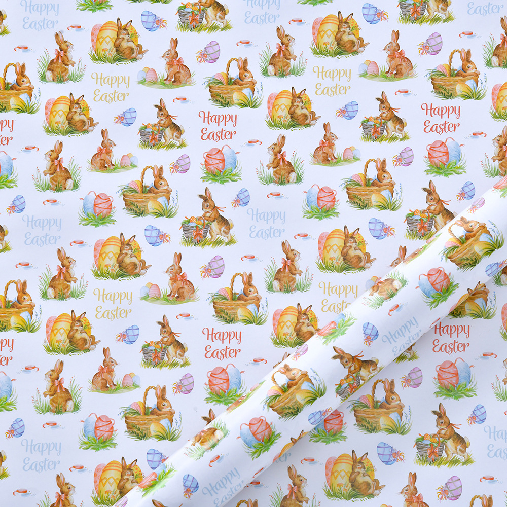 Papel de regalo de Pascua transfronterizo con estampado de conejo y pollito de dibujos animados, papel de regalo floral DIY