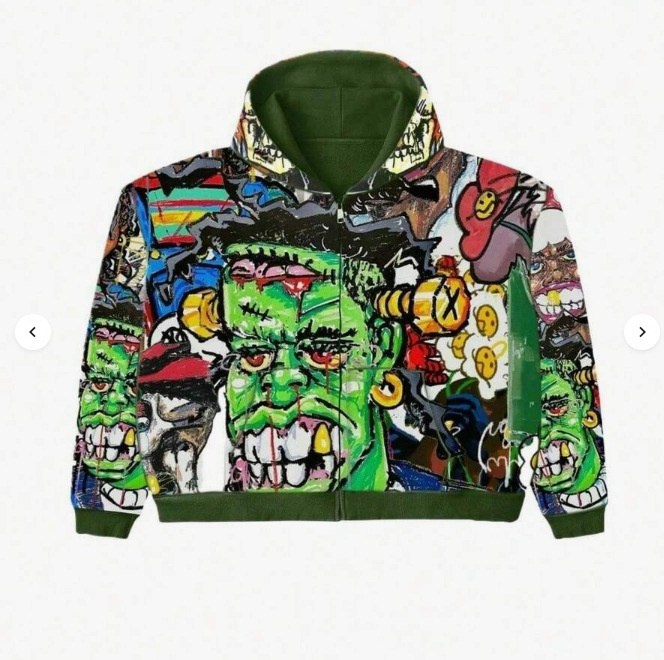 Y2K Millennium Style Monster Graffiti Hooded Jacket with Full Print of Oil Painting Frankenstein, Loose Fit Zipper Sweatshirt Y2K Millennium Style Monster Graffiti Hooded Jacket with Full Print of Oil Painting Frankenstein, Loose Fit Zipper Sweatshirt