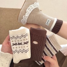 咖色条纹袜子女中筒袜秋冬季兔绒美拉德系费尔岛加厚保暖长筒袜