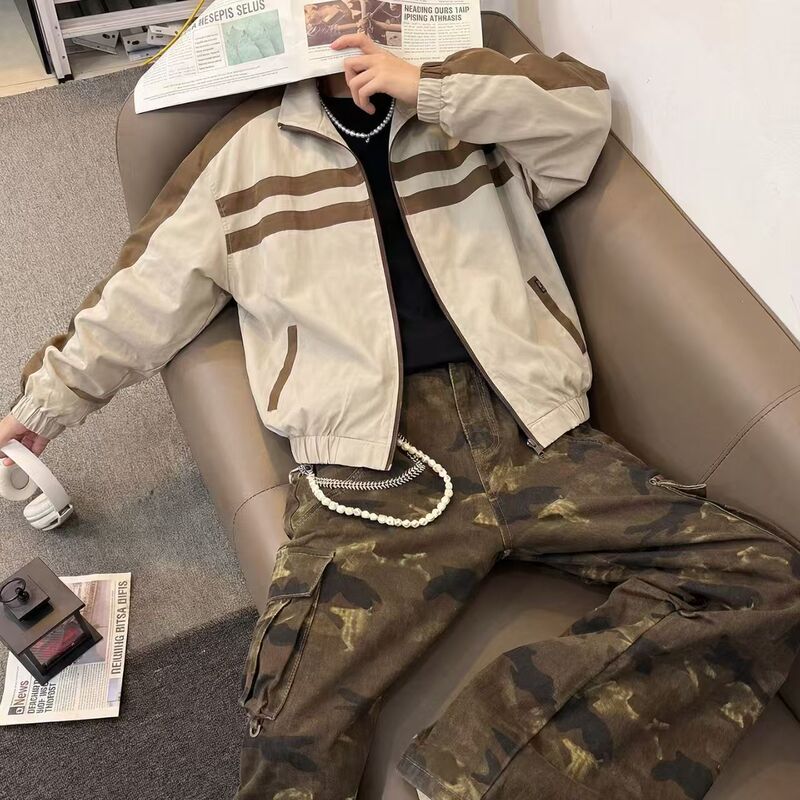 American-style trendy color-blocked stand-collar work jacket for men, loose and versatile, suitable for spring and autumn, casual color-blocked outerwear American-style trendy color-blocked stand-collar work jacket for men, loose and versatile, suitable for spring and autumn, casual color-blocked outerwear