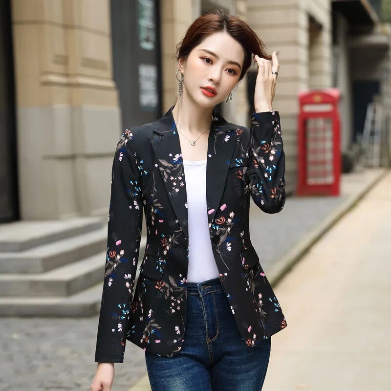 Printed long-sleeved suit jacket for women 2024 Spring and Autumn New Korean style elegant slim fit one button short suit