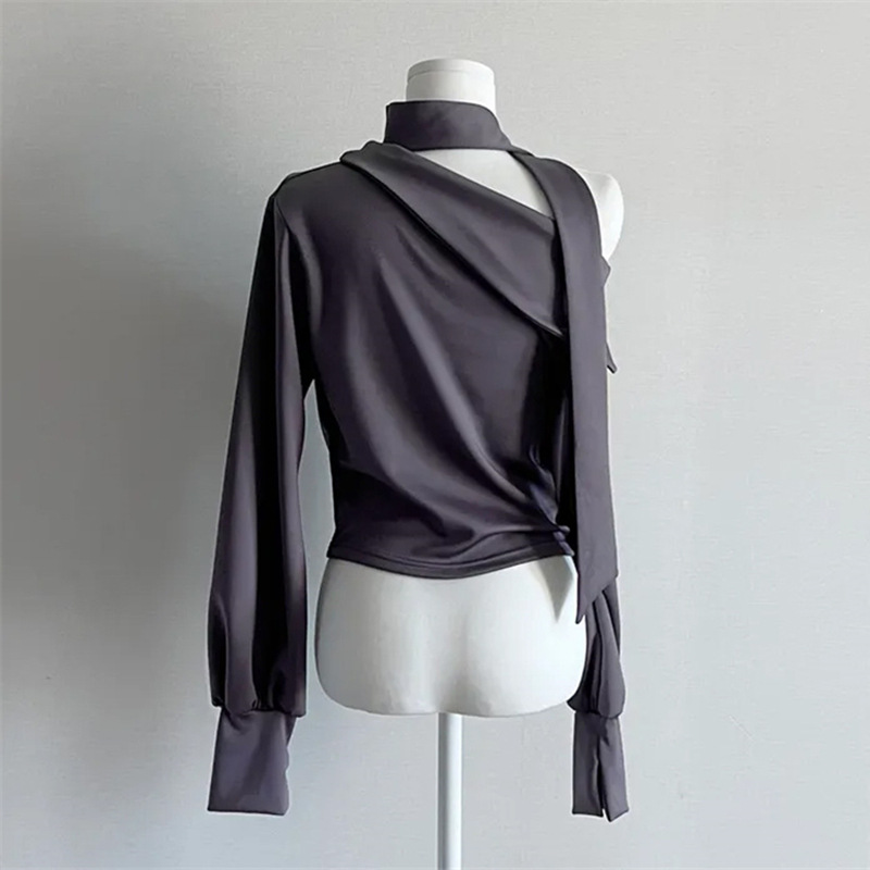 한국 동대문 봄과 여름 새 셔츠 여성 디자인 센스 틈새 목 어깨 올매치 피겨 긴팔 티셔츠