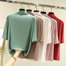 莫代尔半高领打底衫夏季外穿内搭洋气半袖T恤女百搭显瘦白色上衣
