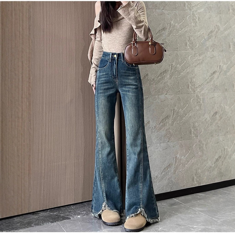 2025 Autumn and Winter Women's Jeans, Stretchy Blue-Gray Frayed Hem Split Flared Pants, High-Waisted, Leg-Lengthening, Flared Style