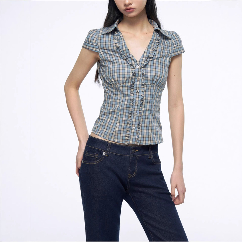 Archiv Blue Ruffled Striped V-Neck Regular Shoulder Waist-Cinching Design Shirt Short-Sleeve Top Summer