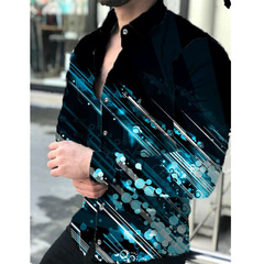 2025春季跨境外贸欧美男士3D印花翻领休闲个性长袖衬衫男衬衣男装