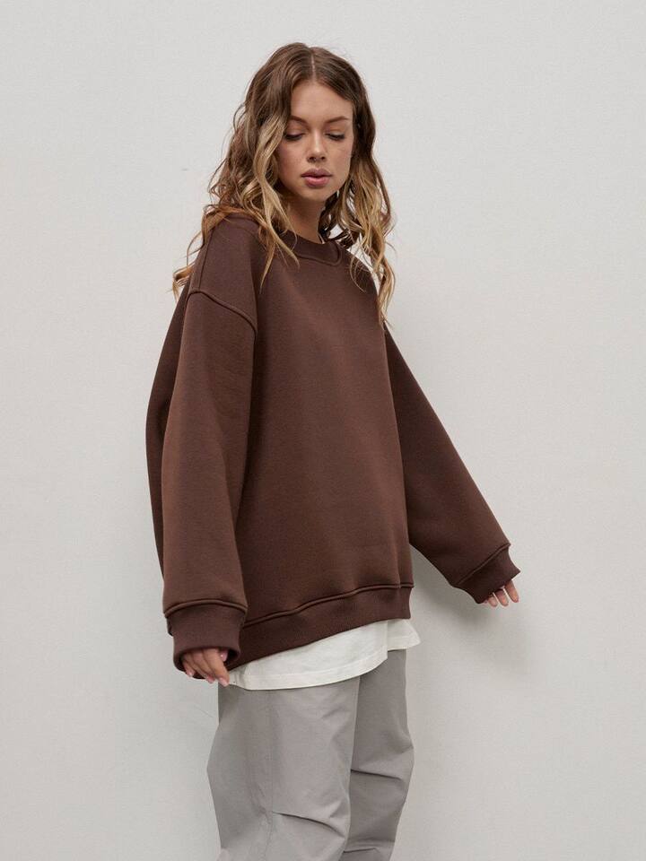 Áo sweatshirt nữ cổ tròn dáng rộng oversize tay dài chất liệu nỉ lông — Hoa màu xám, Màu cà phê, Màu trắng, Xanh navy chi tiết 25