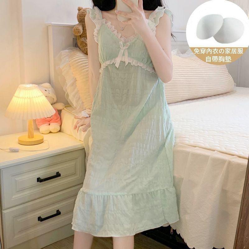 Camisón con almohadilla para el pecho falda de tirantes para mujer de verano nube algodón fino encaje dulce pijama de longitud media color sólido transfronterizo