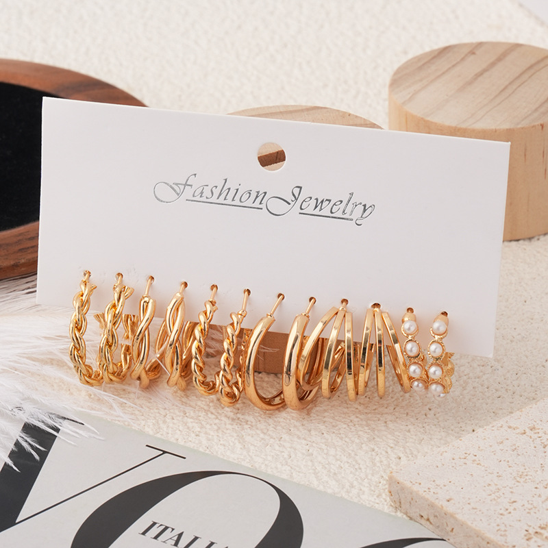 European and American Cross-border New Gold Metal Earrings High-end Creative Retro Simple Bean Earrings suit 6-piece Set