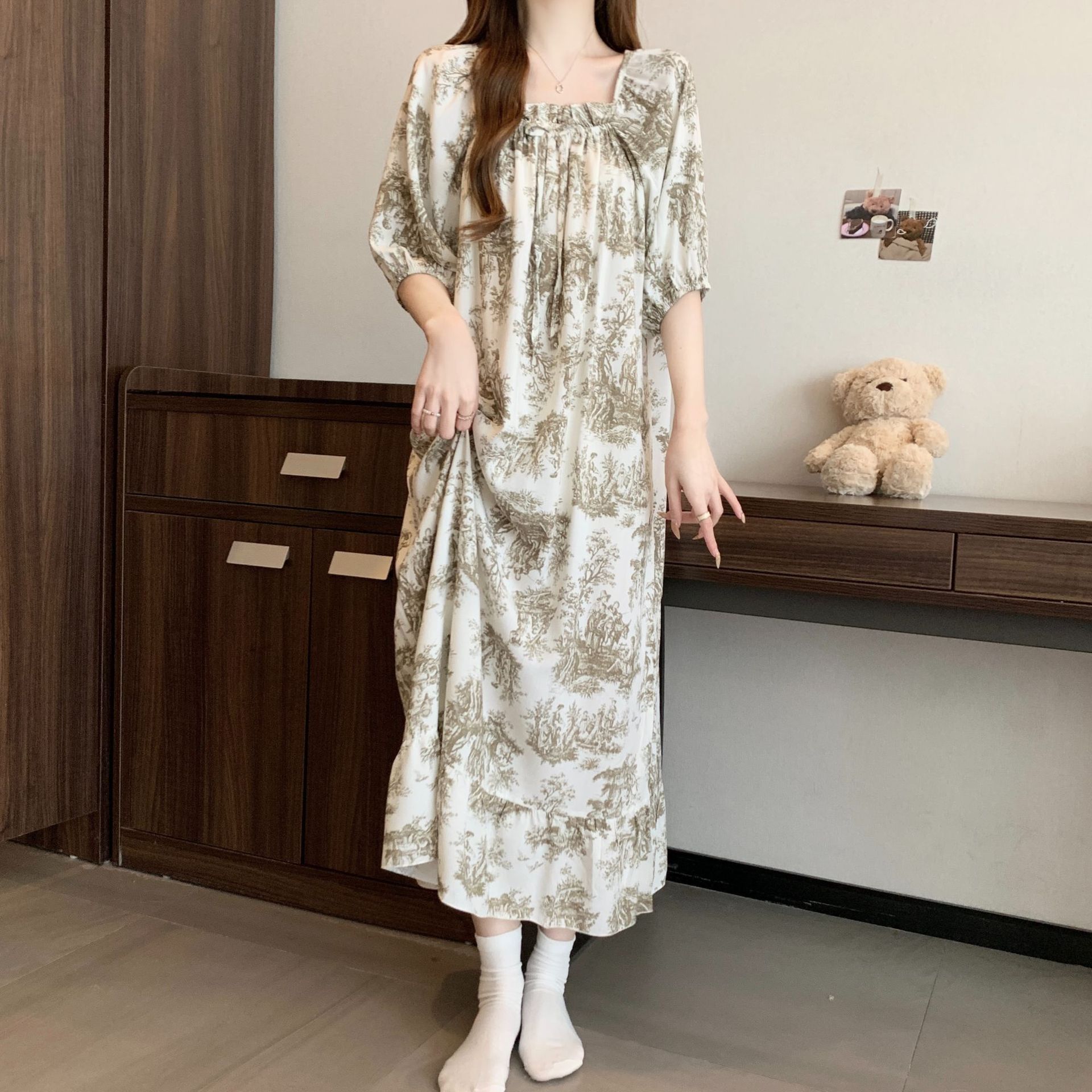 Yaoting pijamas de verano mujeres primavera y otoño encantador impresión suelta vestido larga larga larga ropa de hogar de mangas cortas HDF5291