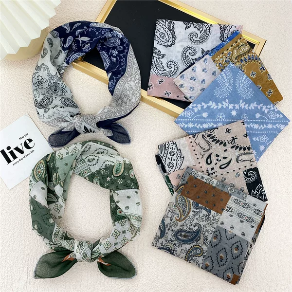 58 Cashew Small Square Scarf Silk Scarf Women's Spring Autumn and Summer Headscarf Hair Belt Korean Printed Cotton Linen Scarf Decorative Scarf