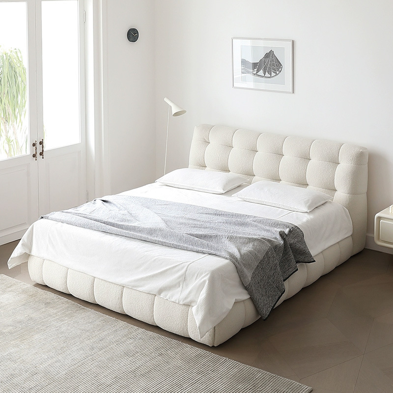 Light French cotton candy fabric bed, modern minimalist white master bedroom bed, internet celebrity Wabi-Sabi style lamb wool double bed