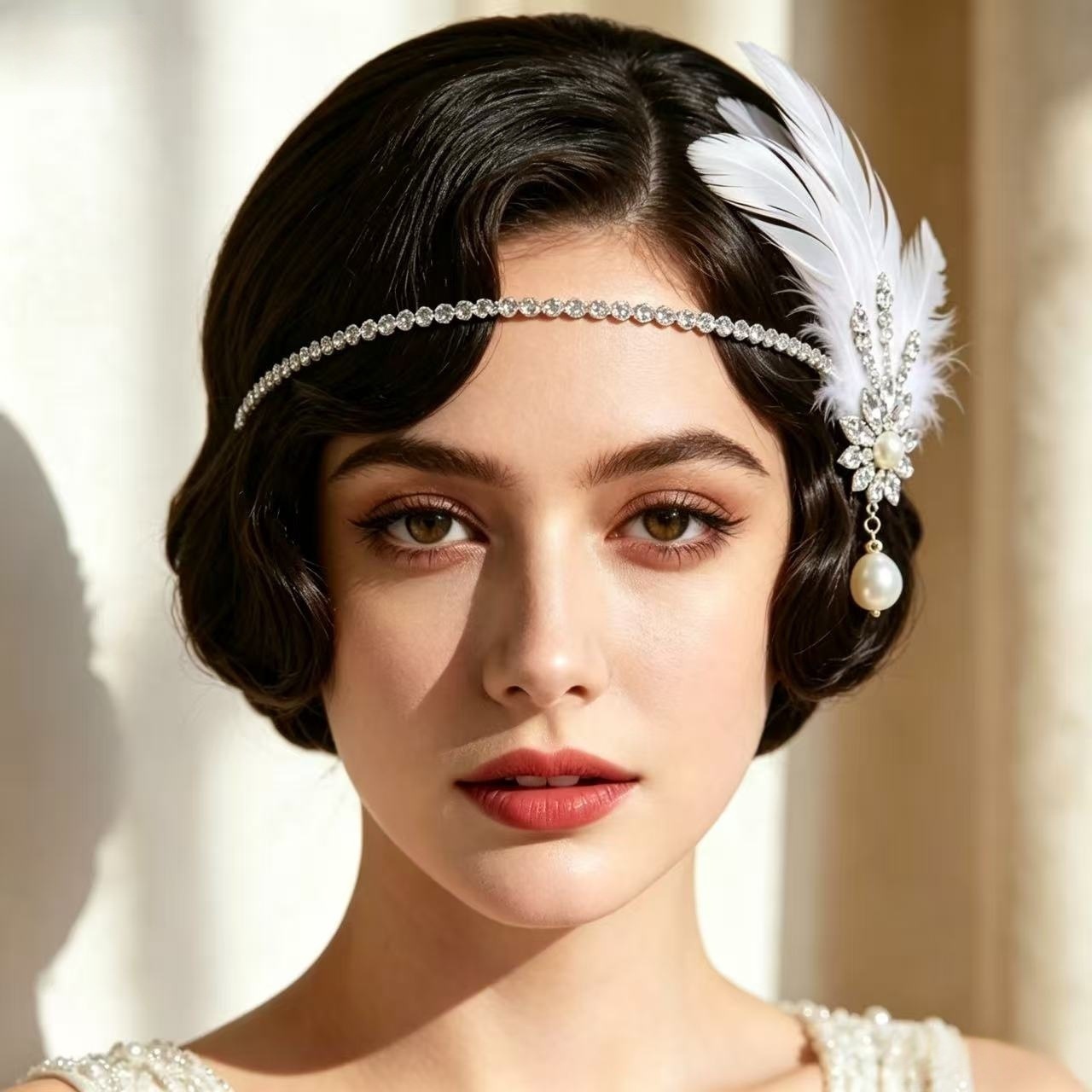 1920S Style New Feather Headpiece, Elegant Single Dancer Ballroom Rhinestone Hair Chain