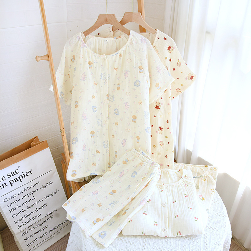Summer Pure Cotton Women's Pajamas with Breast Pads, Thin Gauze Short-Sleeved Shorts Set, Sweet Home Clothes, Loose Cotton Summer Pure Cotton Women's Pajamas with Breast Pads, Thin Gauze Short-Sleeved Shorts Set, Sweet Home Clothes, Loose Cotton