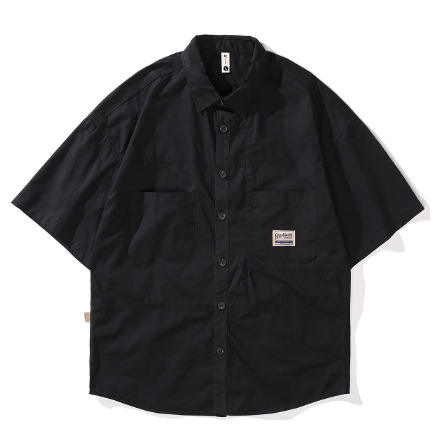 Versatile casual Japanese retro short-sleeve shirt men's summer new loose casual solid color utility work shirt