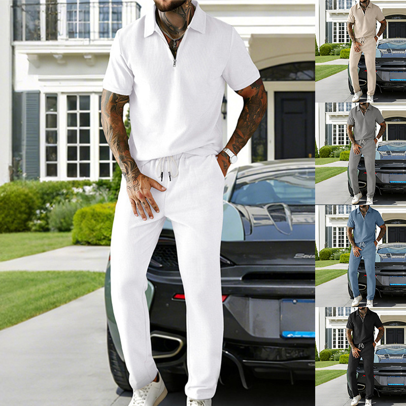 Completo da uomo estivo alla moda casual business alla moda in velluto a coste a maniche corte, polo e pantaloni, stile 2026_voghion.com