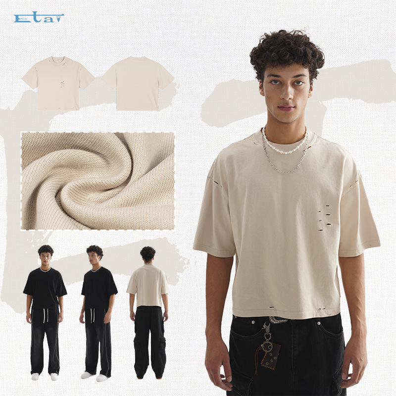 ETAI Hombre| American Street tide retro desgaste camiseta de hombre de color sólido de alta calidad pesada 100% algodón corto ancho mangas cortas