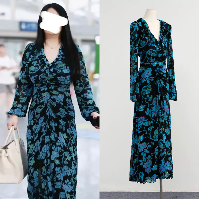 [现货]李湘同款修身显瘦印花长款连衣裙弹力抽褶设计V领长袖裙子