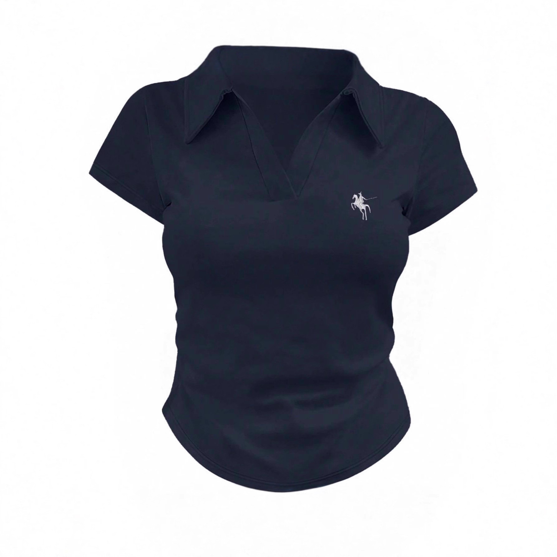 Women's Clothing Slim Fit Polo Shirt Solid Color Collared Short Length Equestrian Embroidery Simple Versatile Women's Top_voghion.com