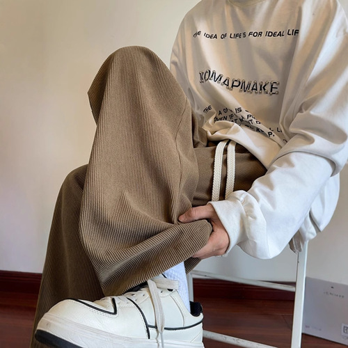 Men's Corduroy Pants for Autumn/Winter with Fleece Lining and Thickening, Trendy Brand American Heavyweight Casual Straight Leg Wide Leg Pants