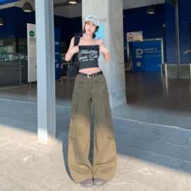 复古军绿色多口袋工装裤女2026春夏季新款美式高街休闲百搭阔腿裤